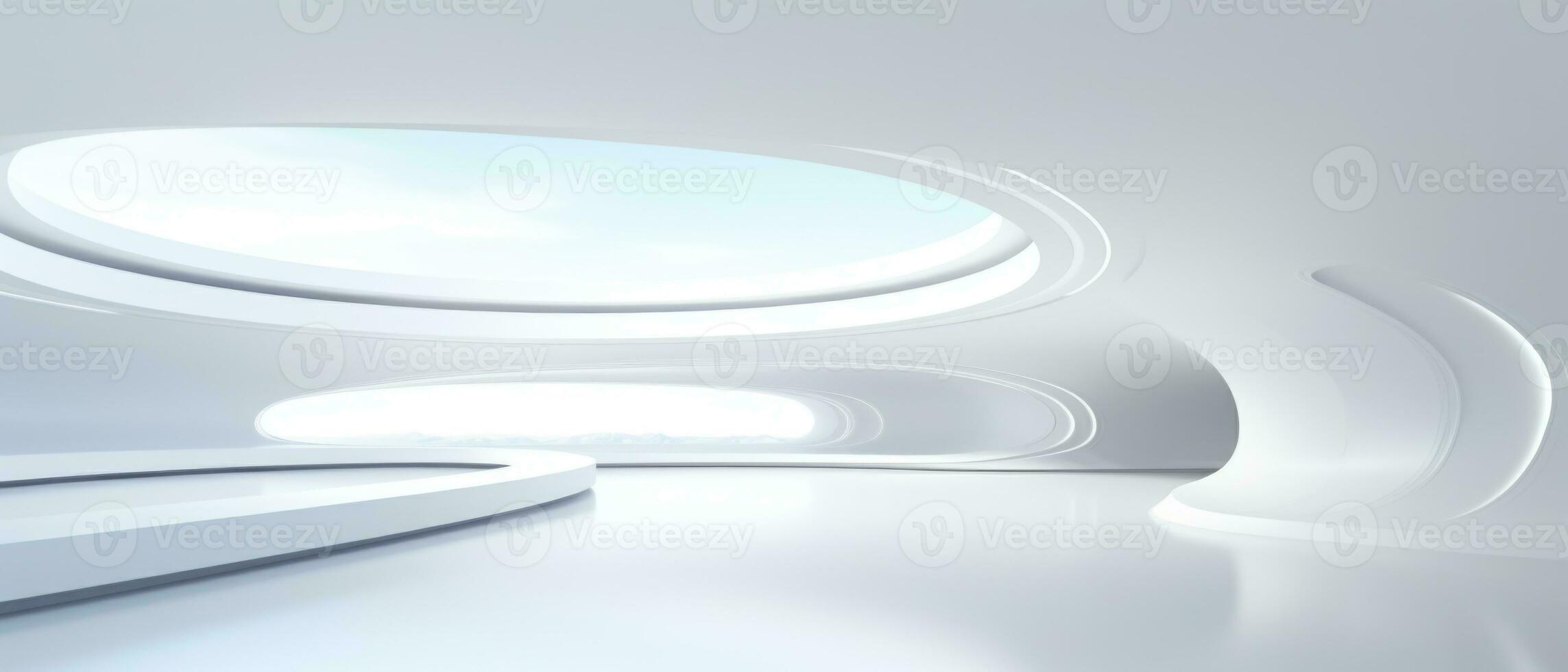 Empty futuristic white room with copy space for presentation product. AI generative photo