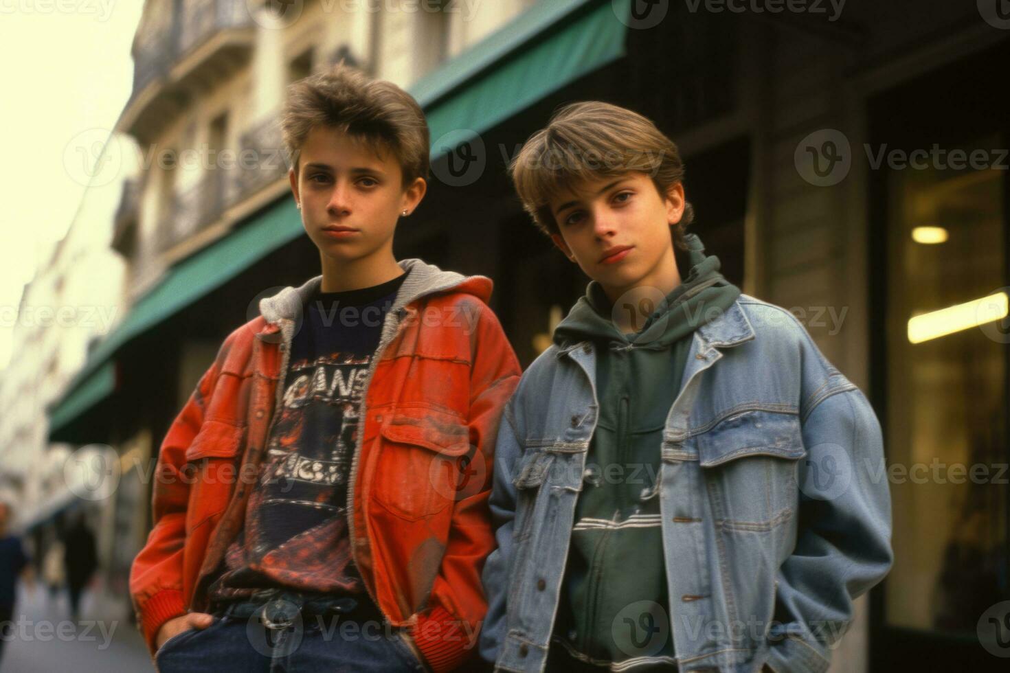 Nostalgic Paris stroll Friends in the enchanting streets of the '90s. AI generative photo