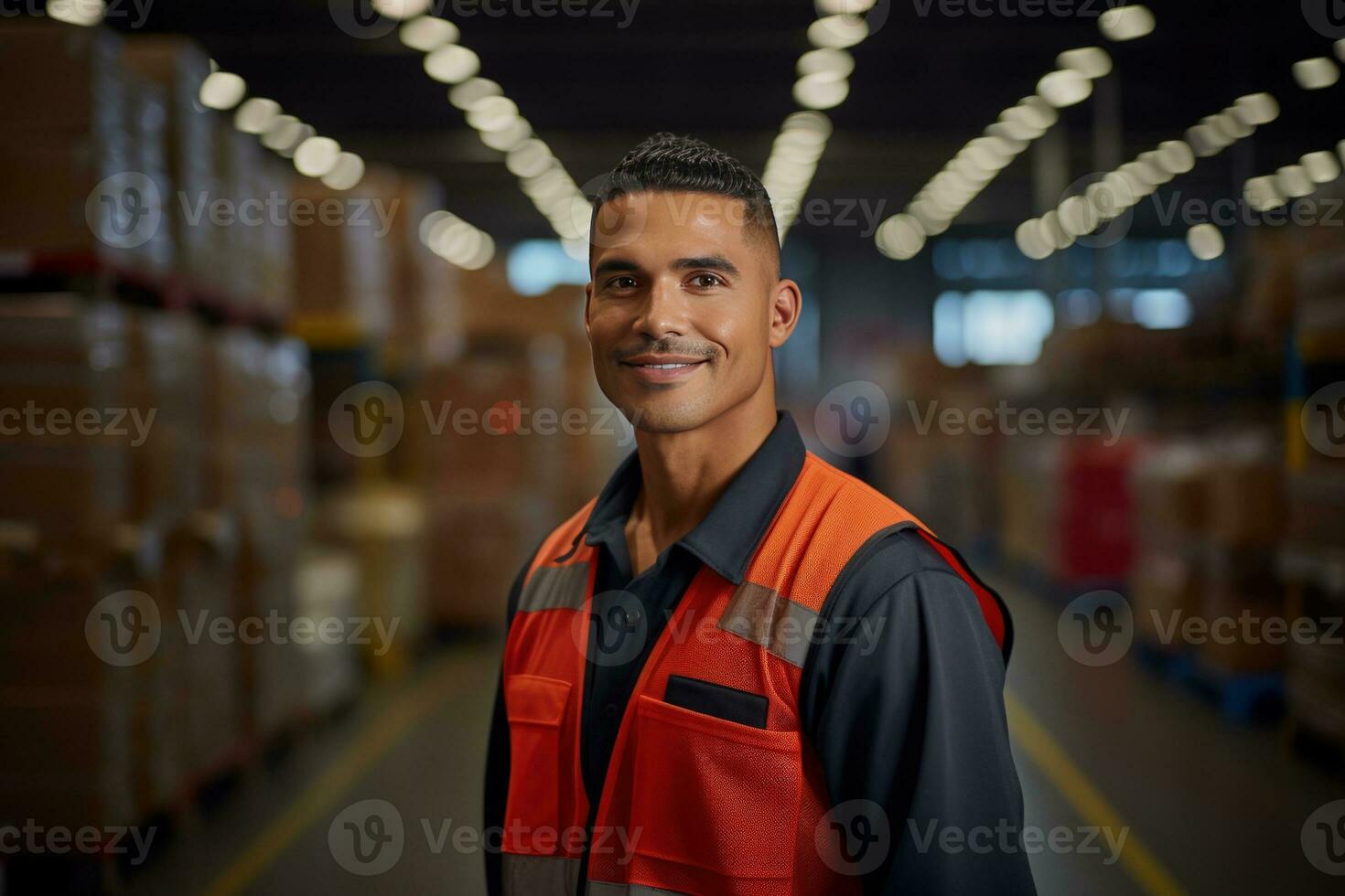 Mexican latin american hispanic warehouse worker in distribution delivery center. Storehouse package supervisor. AI generative photo