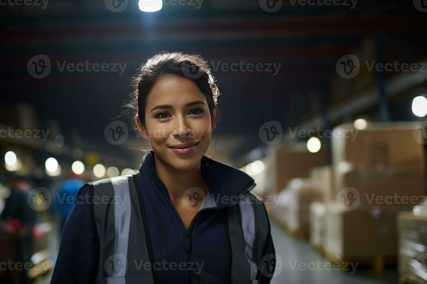 Mexican latin american hispanic warehouse worker in distribution delivery center. Storehouse package supervisor. AI generative photo