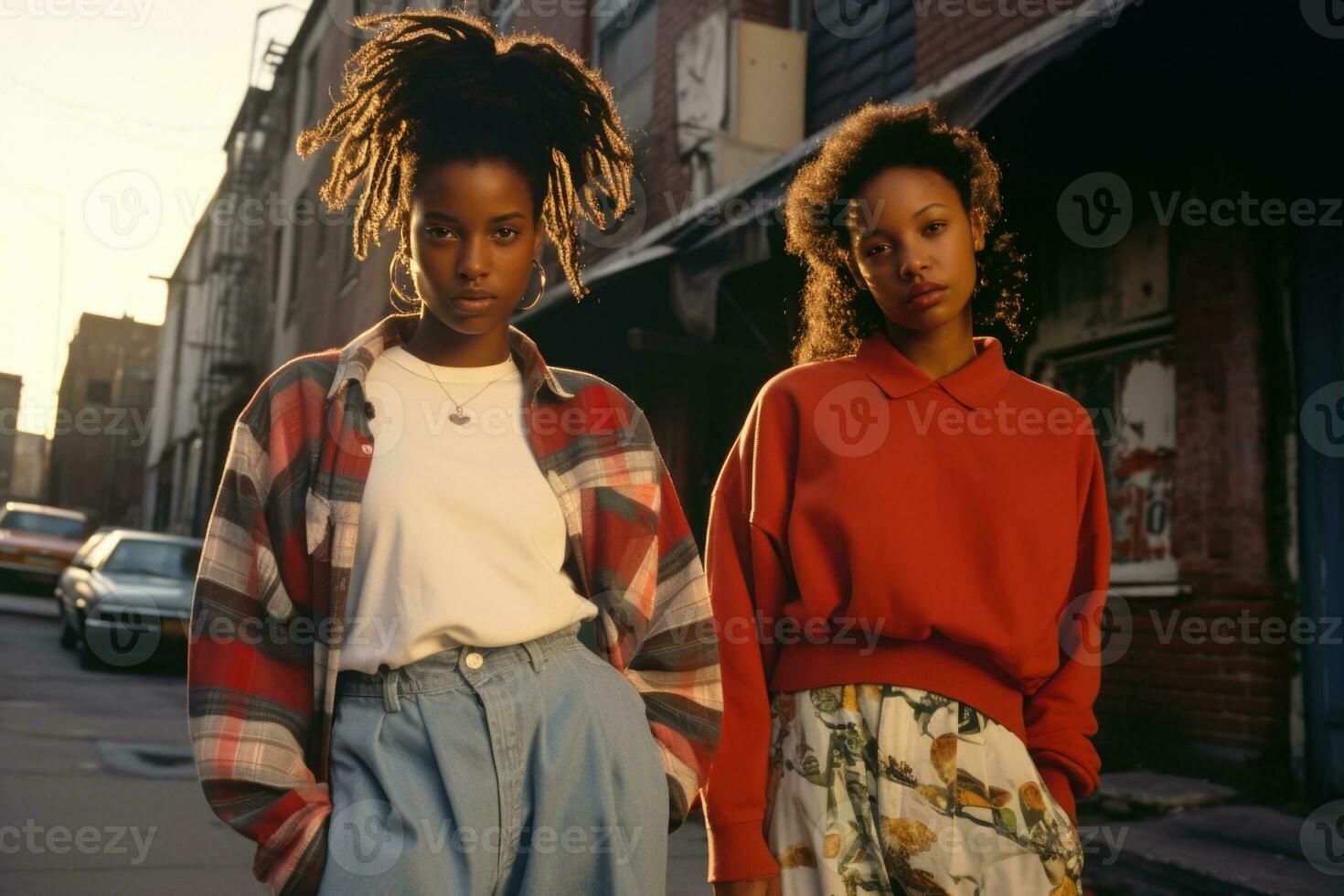 Back to the '90s. Smiles and style Two confident Afro-American ladies. AI generative photo