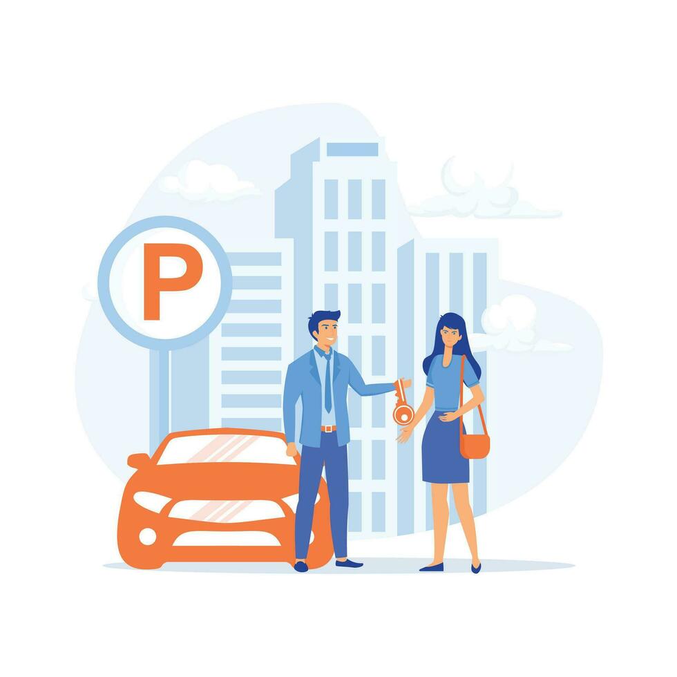 hotel servicio, ayudante de cámara estacionamiento trabajador obtiene llaves desde clientela coche. plano vector moderno ilustración