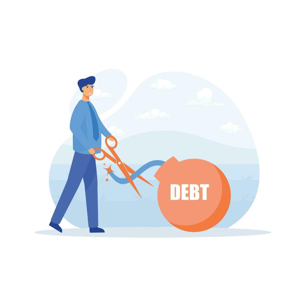 Cut debt. Businessman holding scissors to cut debt bomb, flat vector modern illustration