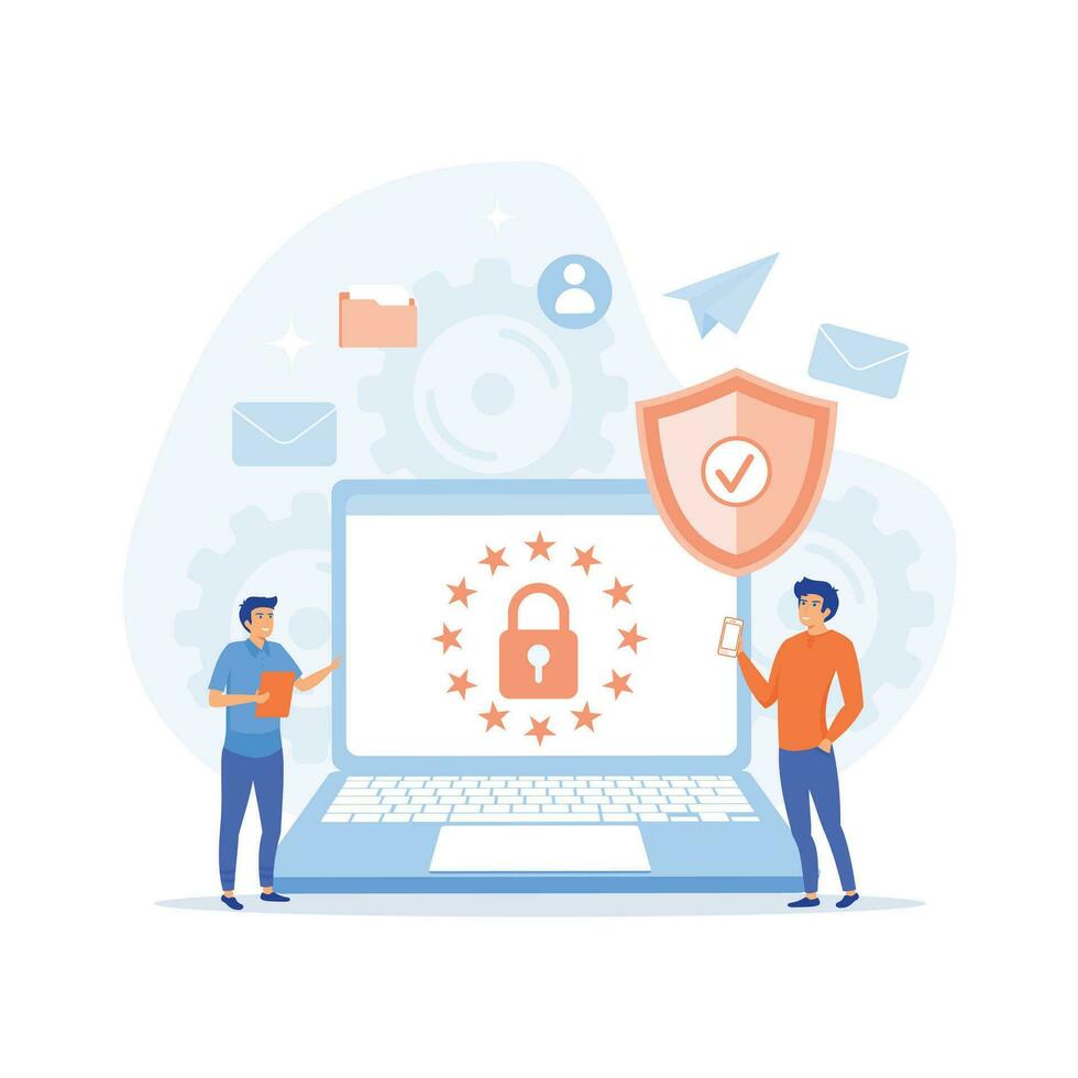 GDPR and privacy politics. People protecting business data and legal information, flat vector modern illustration