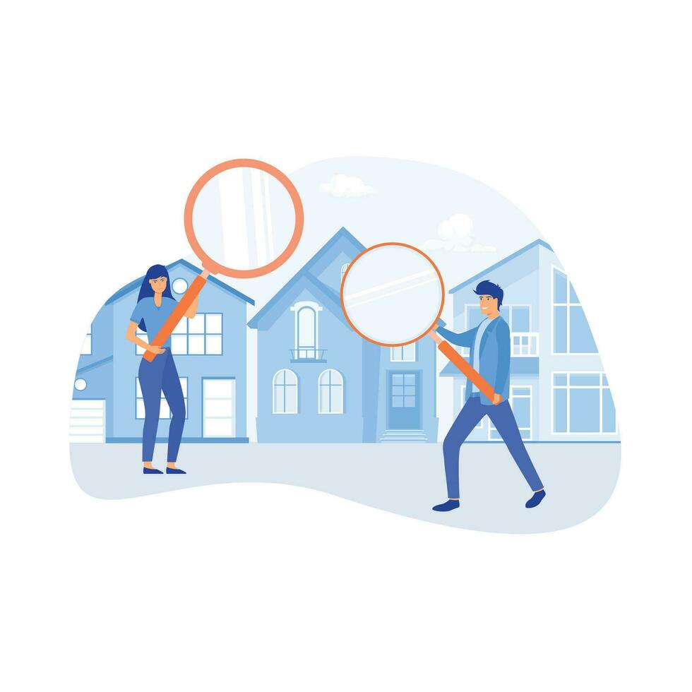 Real estate business concept.  people group looking home on market. Buy or rent house online, flat vector modern illustration