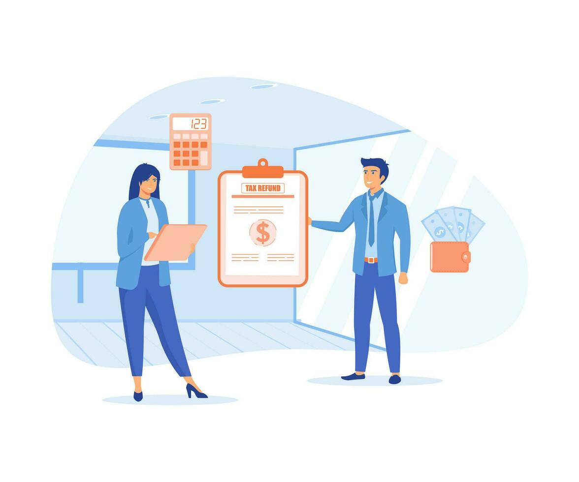 Tax refund. Man and woman making tax refund of accounting, payment, financial bill, flat vector modern illustration
