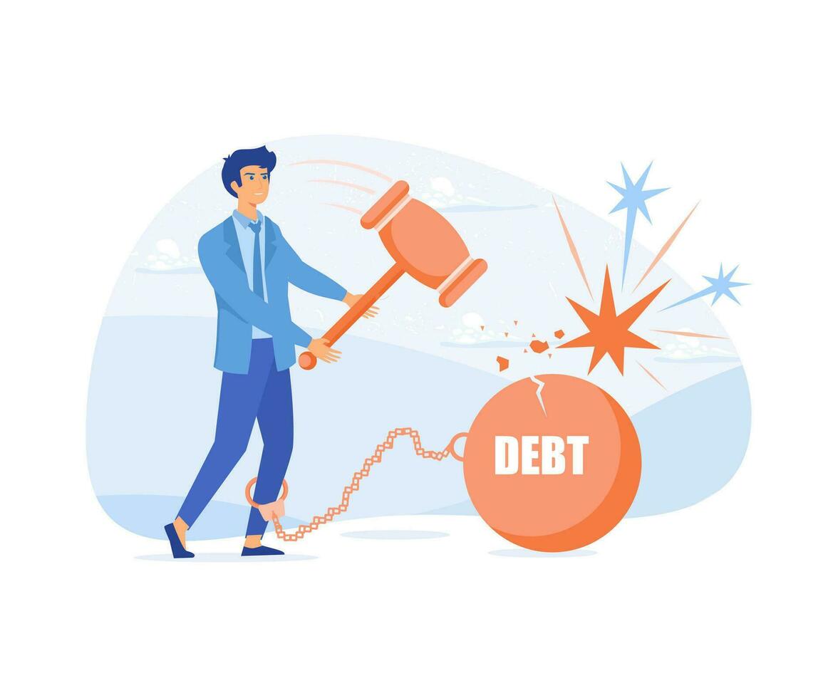 Breaking debt. Businessman trying to destroy iron ball with debt word that chained his feet with hammer, flat vector modern illustration