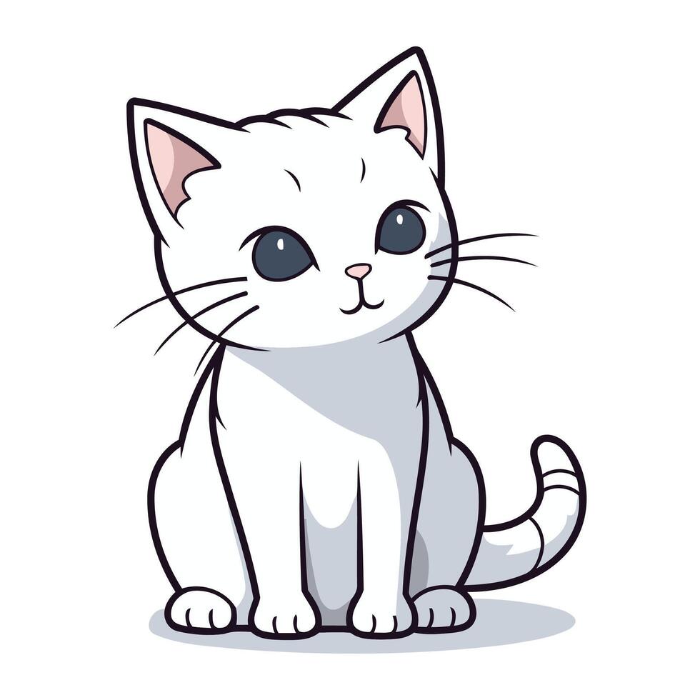 Cute cartoon white cat on a white background. Vector illustration.