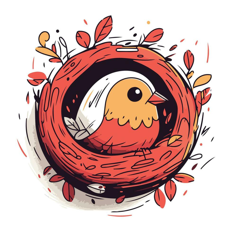 Vector illustration of a cute cartoon bird in a nest with leaves.