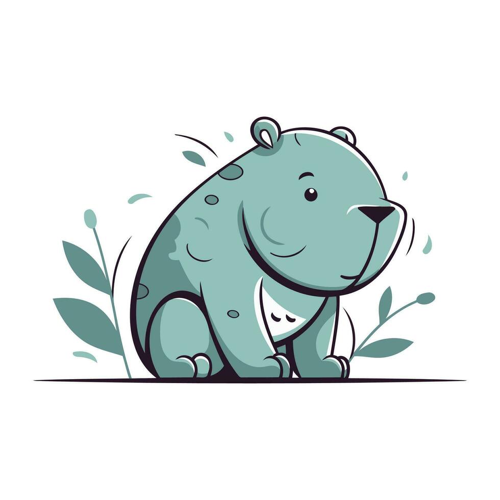 Cute cartoon bear with green leaves on white background. Vector illustration.