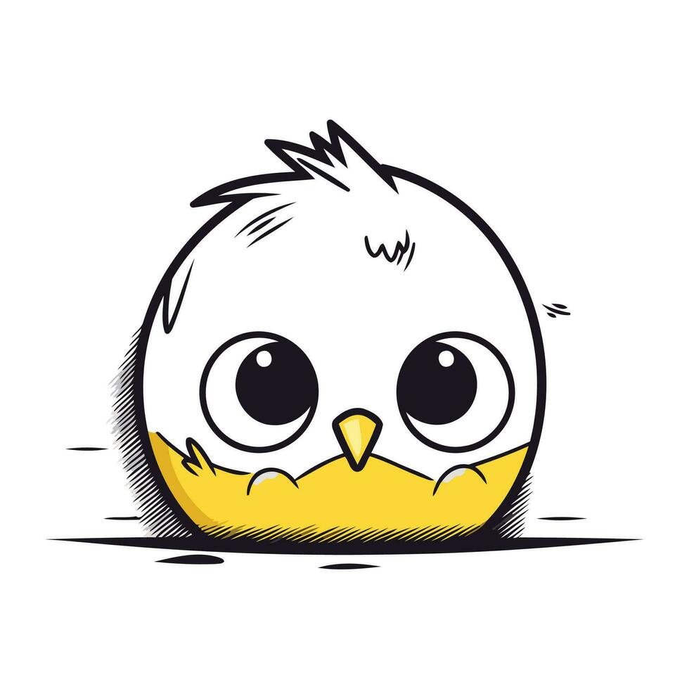 Cute little chick with egg in its beak. Vector illustration.