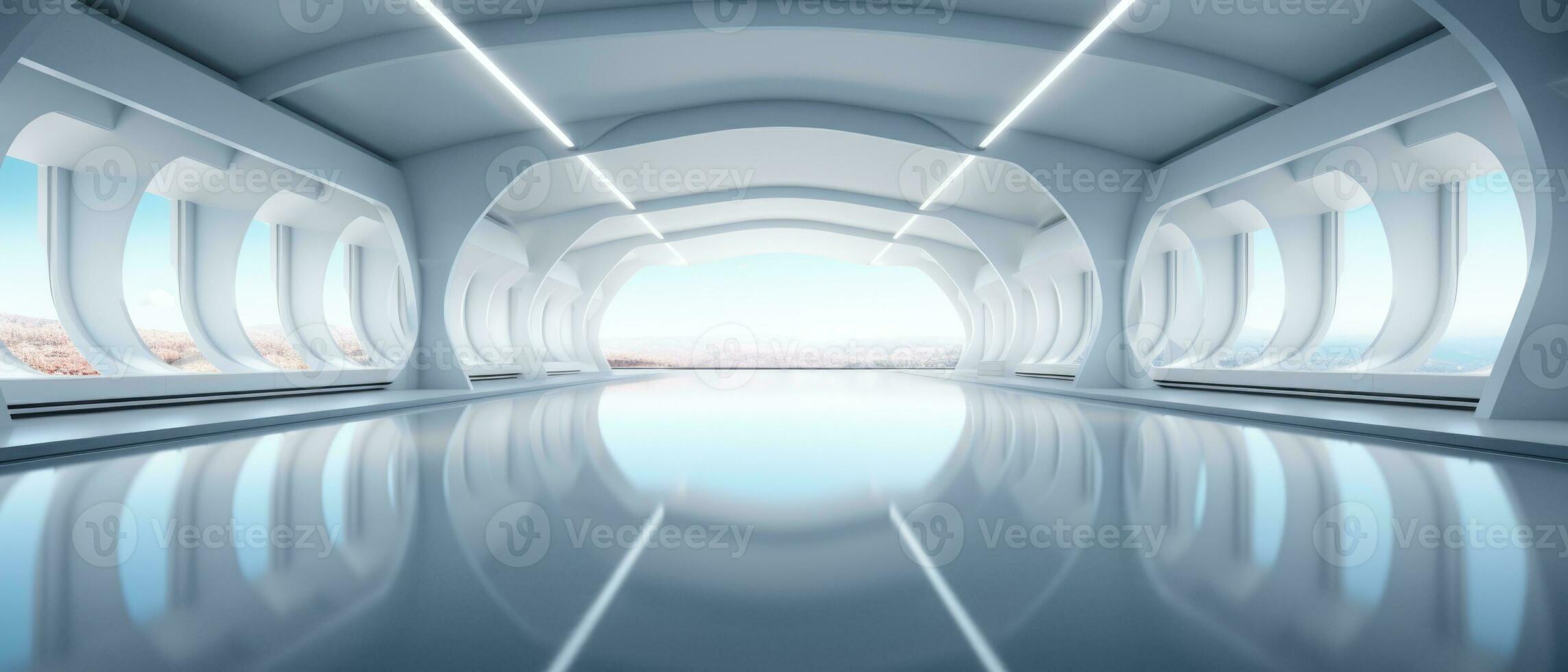 Empty futuristic white room with copy space for presentation product. AI generative photo