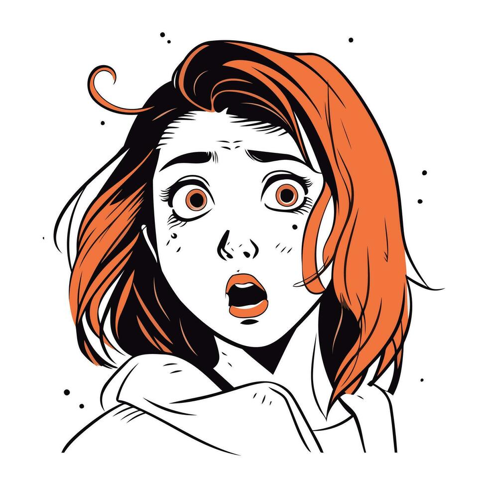 sorprendido niña con rojo cabello. vector ilustración en bosquejo estilo.