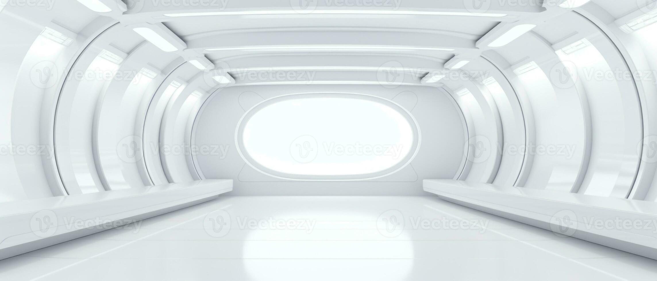 Empty futuristic white room with copy space for presentation product. AI generative photo