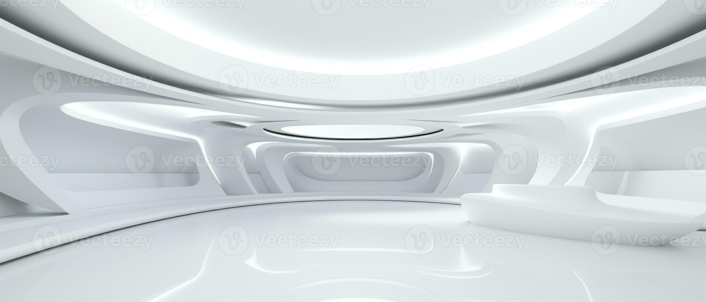 Empty futuristic white room with copy space for presentation product. AI generative photo