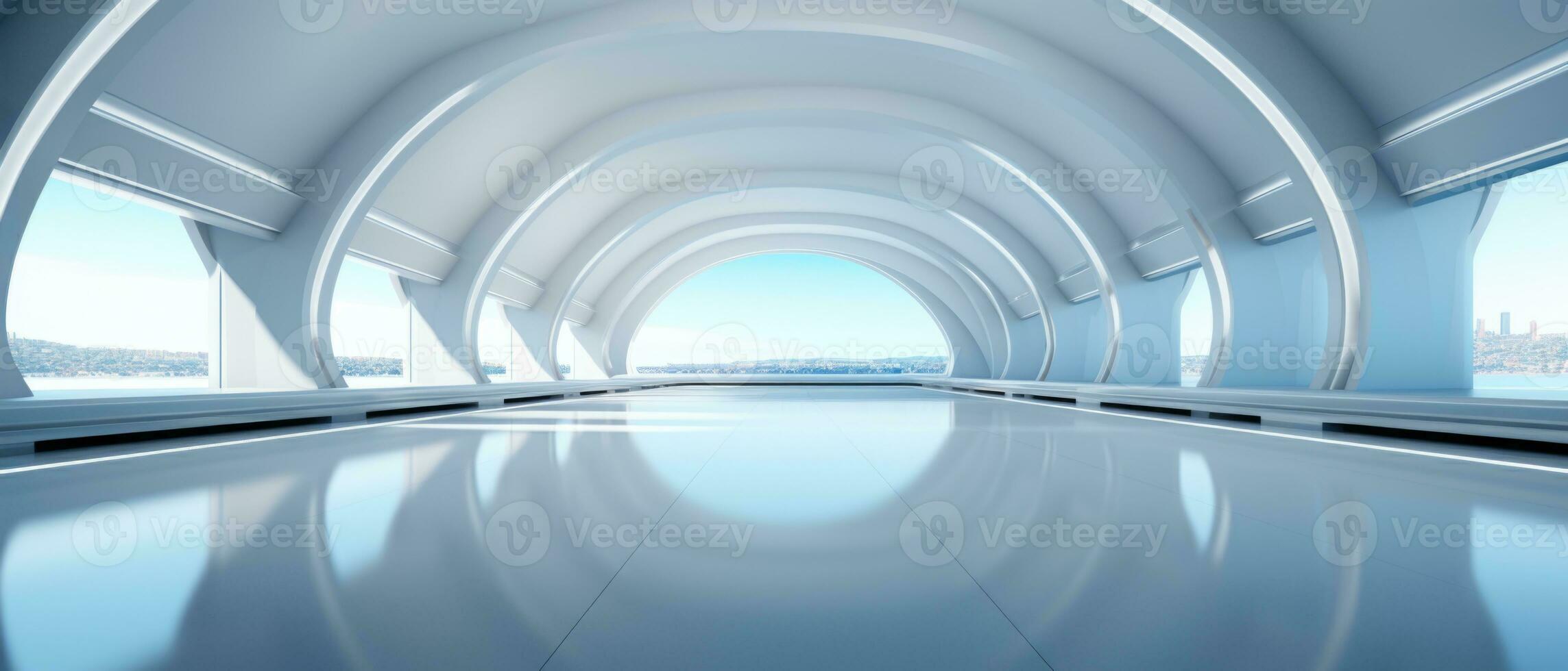 Empty futuristic white room with copy space for presentation product. AI generative photo