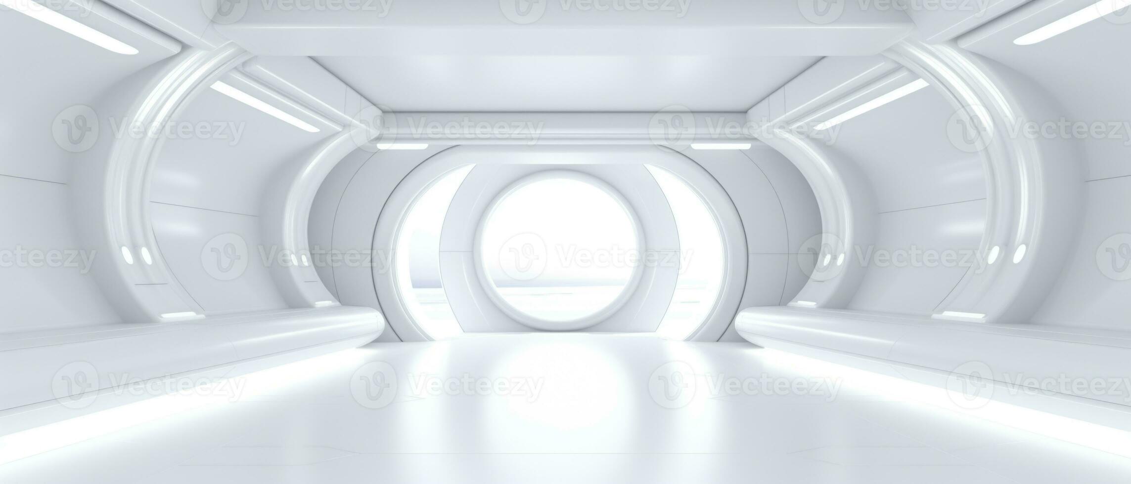 Empty futuristic white room with copy space for presentation product. AI generative photo