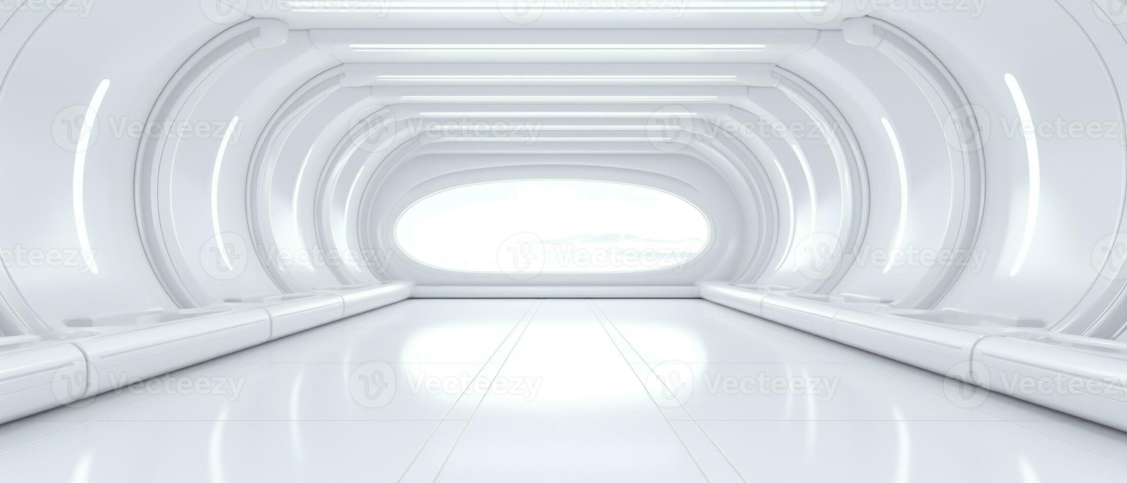 Empty futuristic white room with copy space for presentation product. AI generative photo