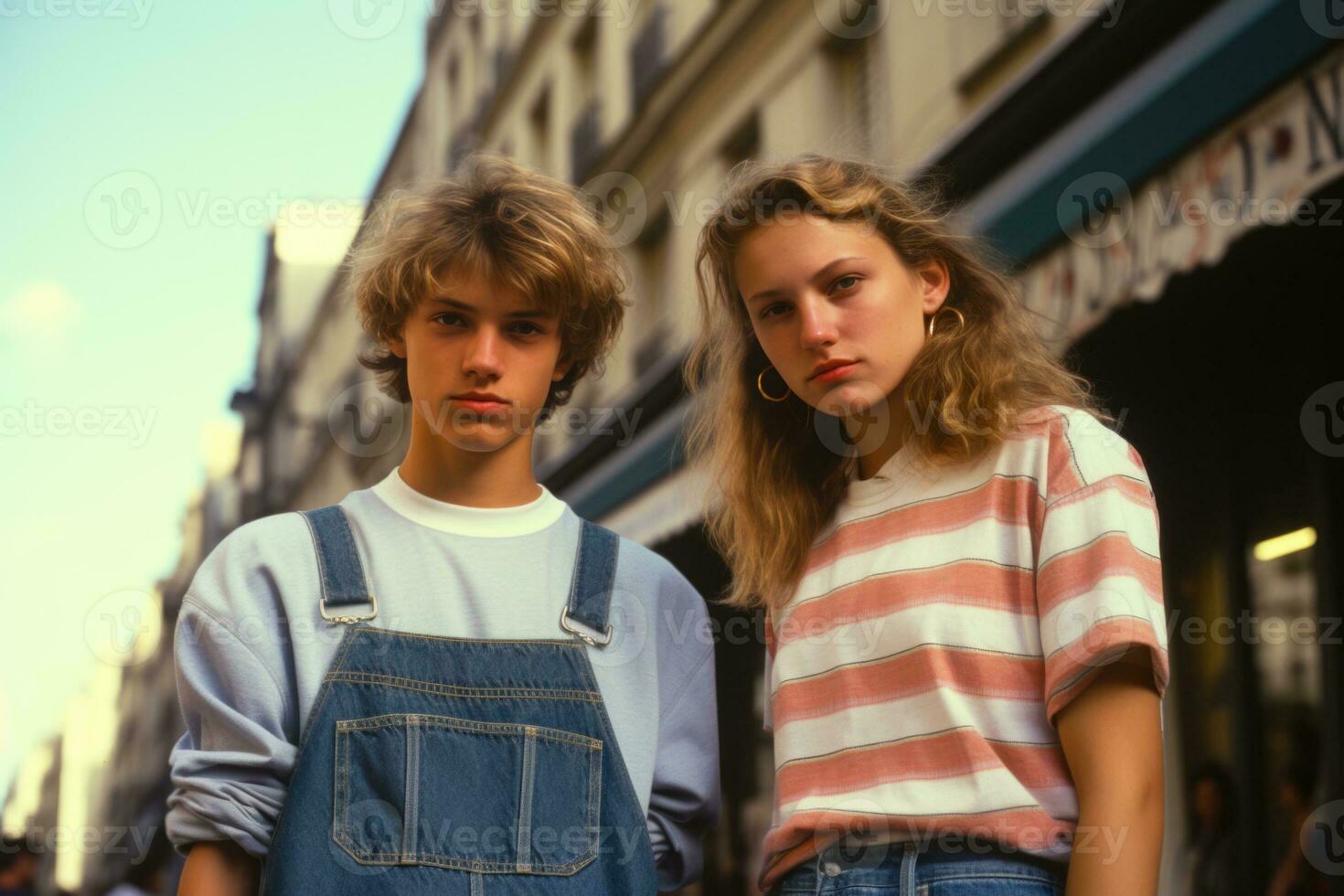 Nostalgic Paris stroll Friends in the enchanting streets of the '90s. AI generative photo