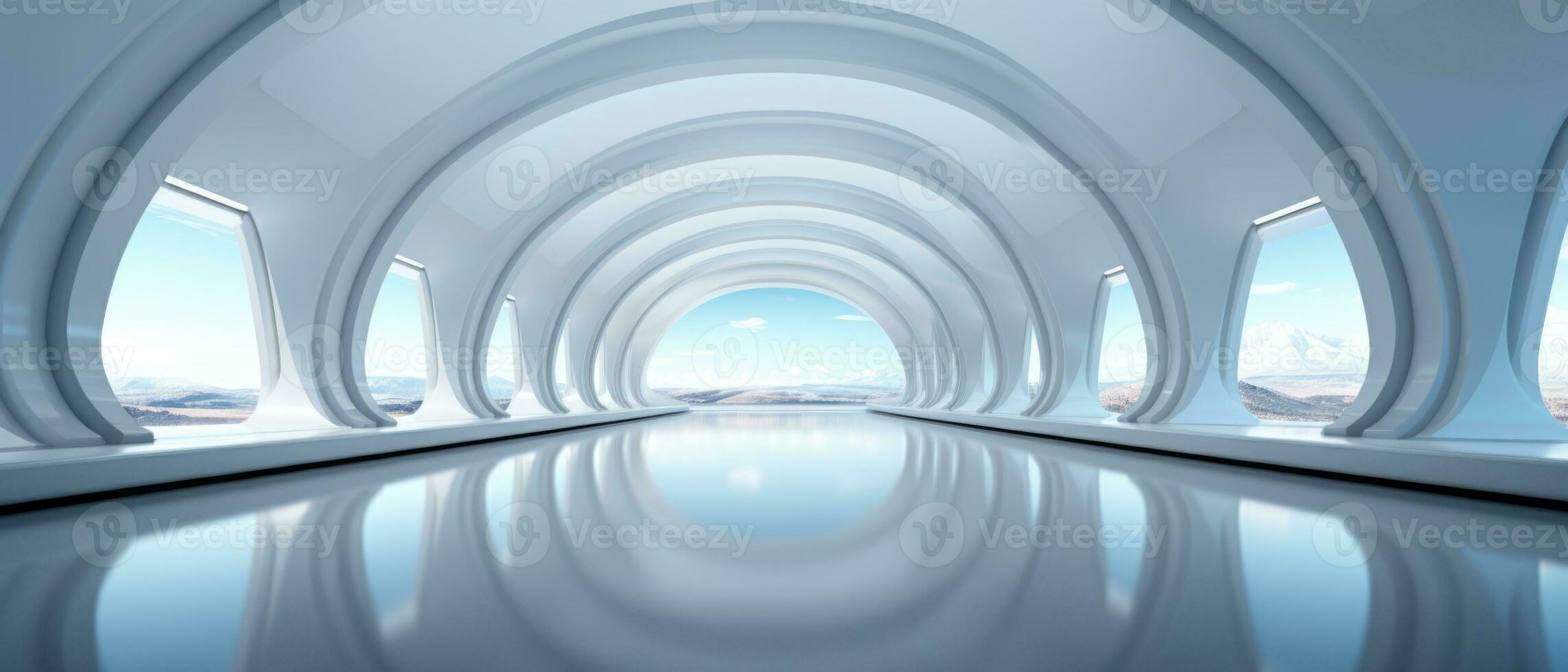 Empty futuristic white room with copy space for presentation product. AI generative photo