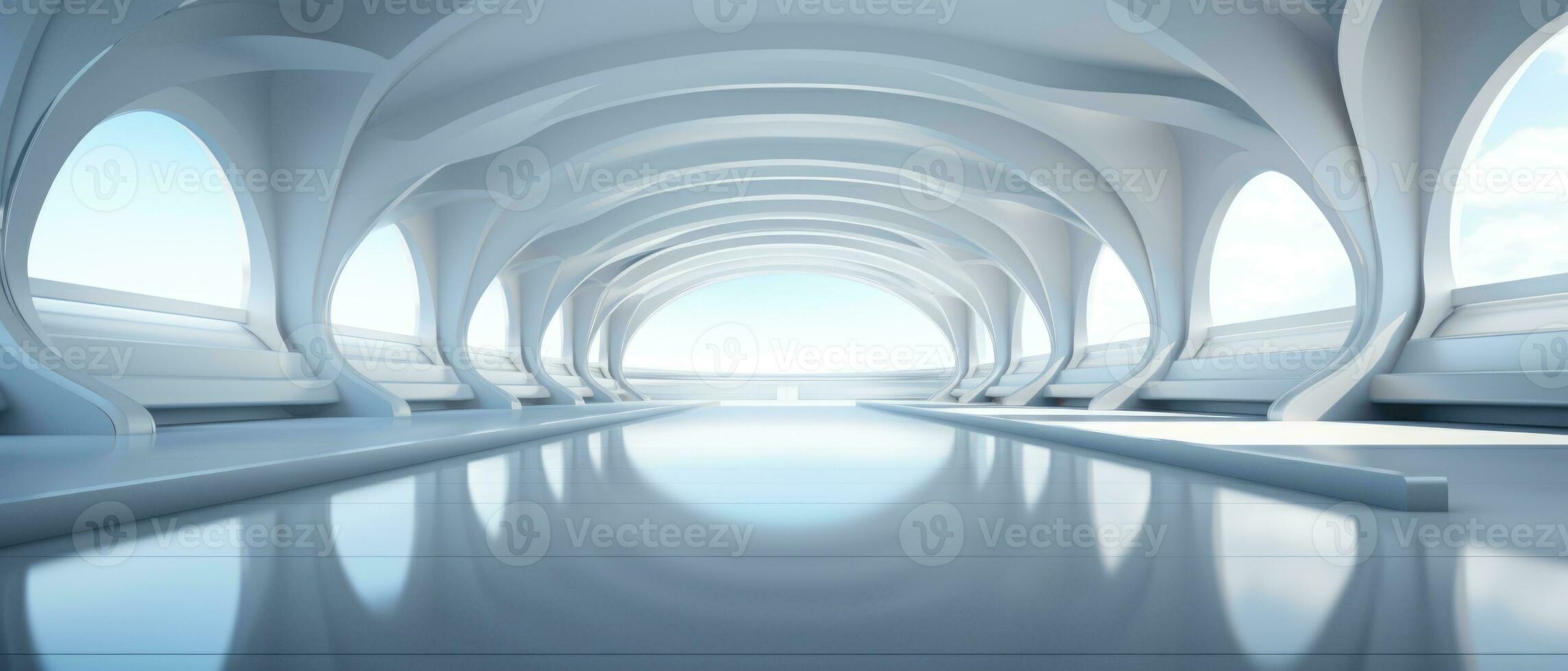 Empty futuristic white room with copy space for presentation product. AI generative photo