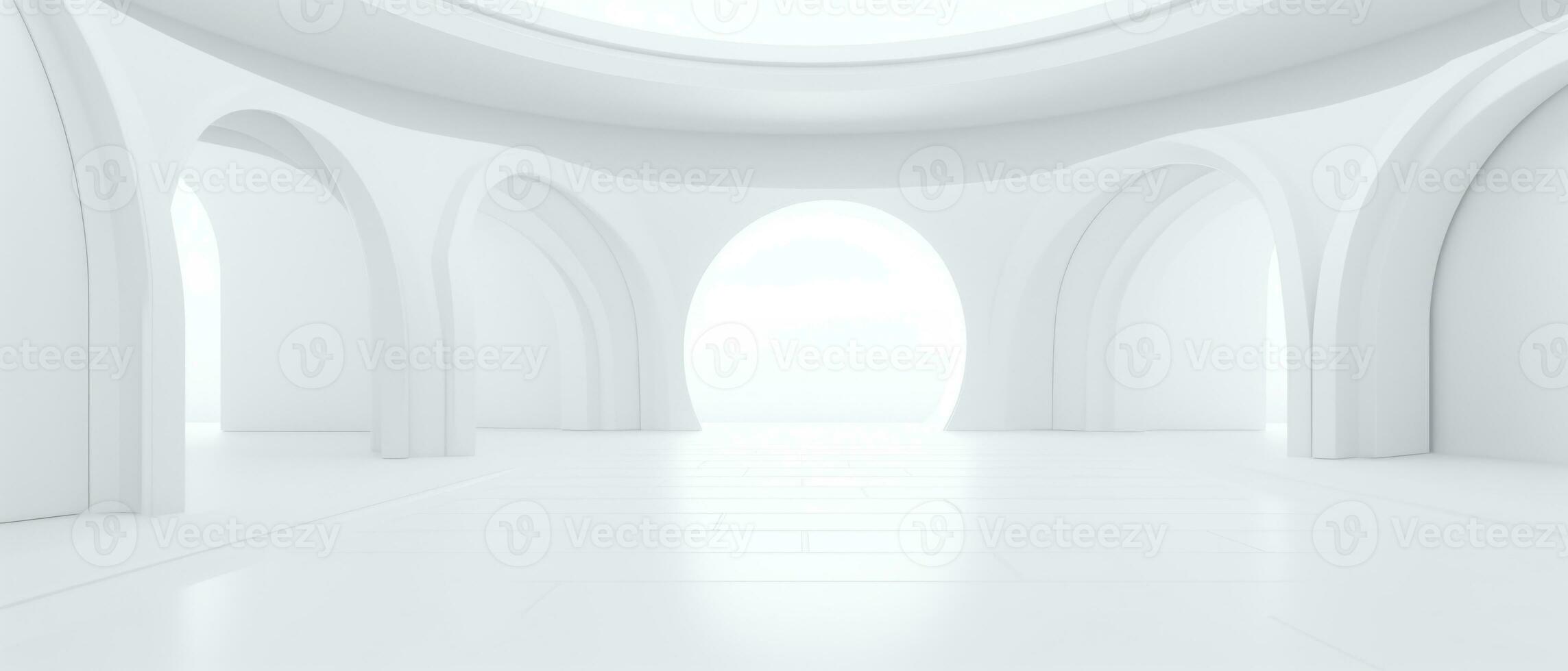 Empty futuristic white room with copy space for presentation product. AI generative photo
