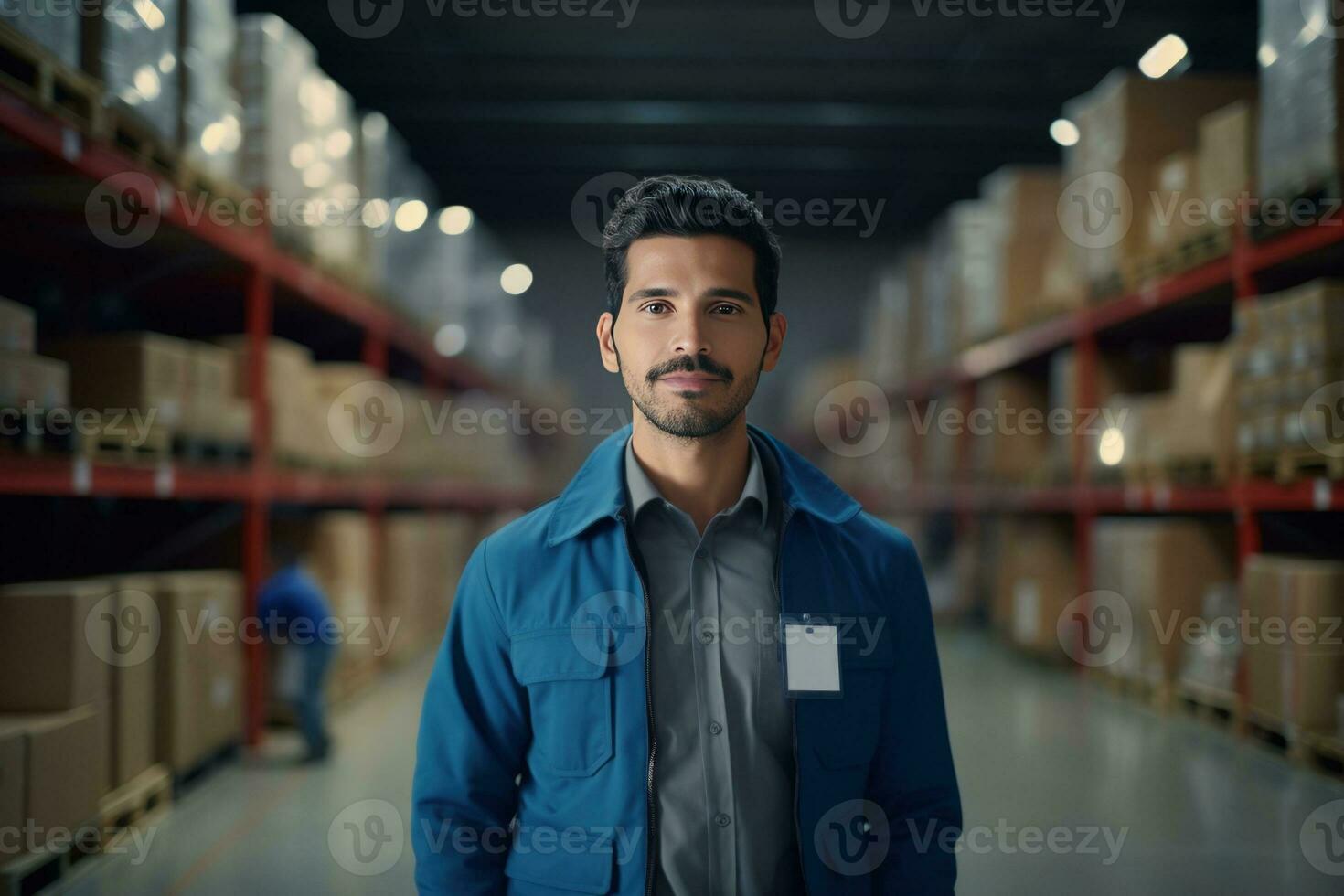 Mexican latin american hispanic warehouse worker in distribution delivery center. Storehouse package supervisor. AI generative photo