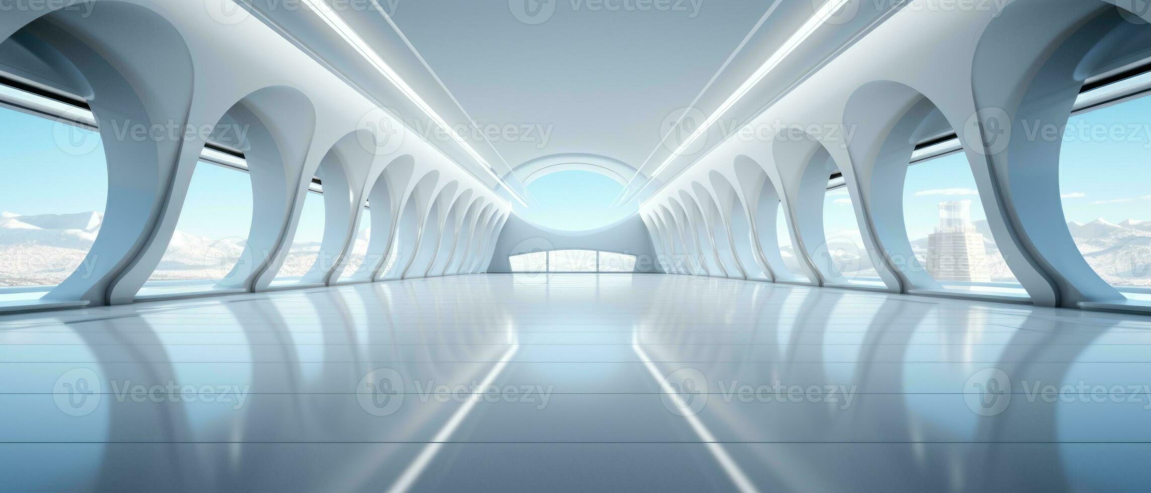 Empty futuristic white room with copy space for presentation product. AI generative photo
