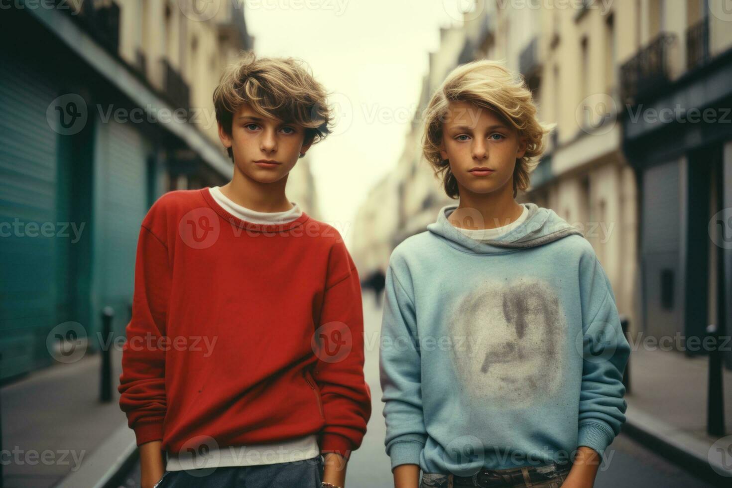 Nostalgic 90s vibes. Boys in Paris The essence of 1990s urban cool. AI generative photo