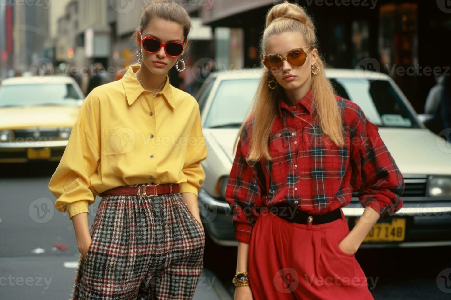 90s recuerdos. un instantánea de 90s nostalgia dos elegante muchachas poseer el calles con su en punto Moda y retro instinto. ai generativo foto