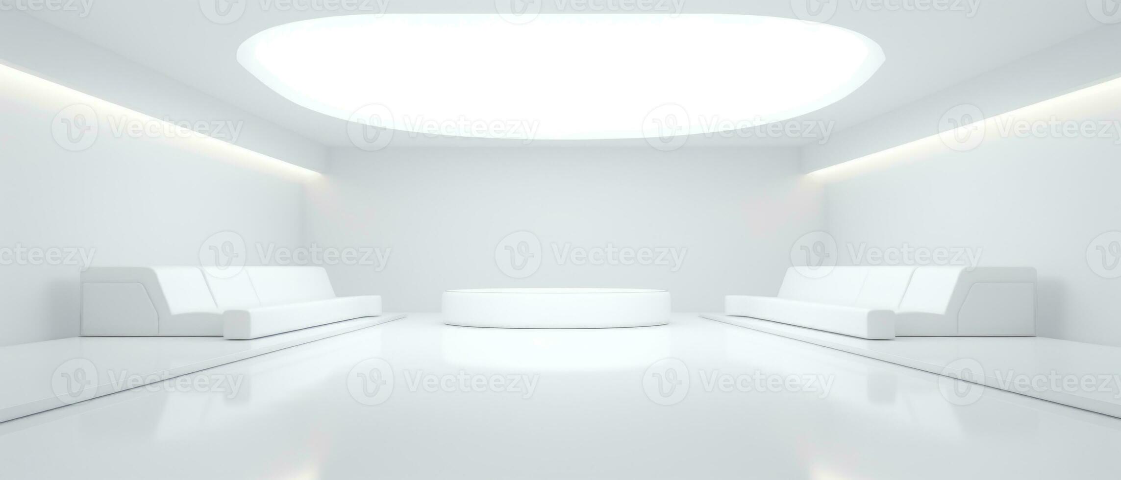 Empty futuristic white room with copy space for presentation product. AI generative photo