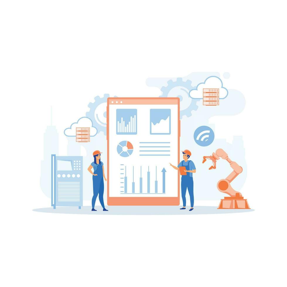 Smart Factory and working person using wireless technology to control, flat vector modern illustration