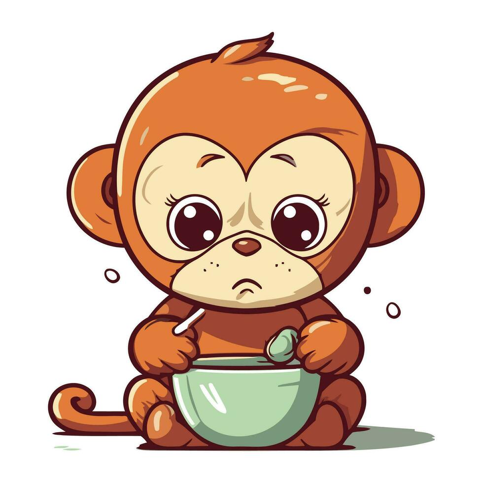 Cute cartoon monkey with a bowl of milk. Vector illustration.