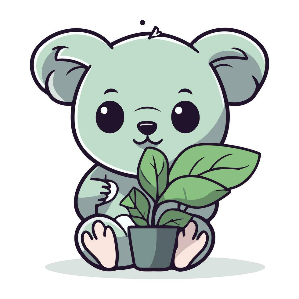 Cute koala holding plant in pot. Cute cartoon vector illustration.