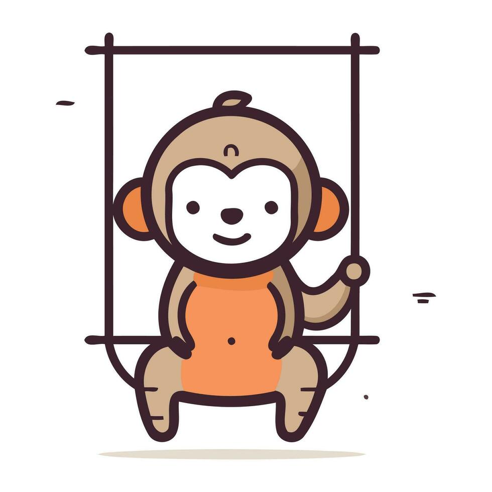 Monkey swinging on a swing. Cartoon character. Vector illustration.