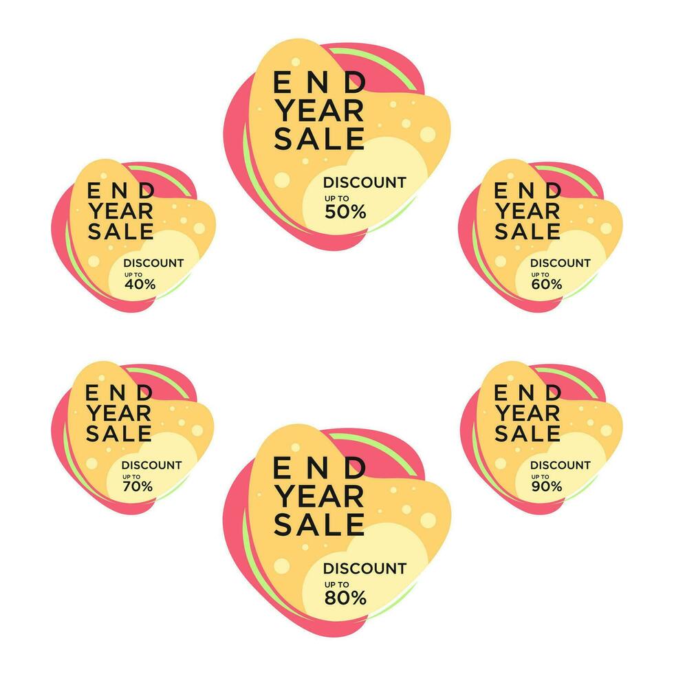 END YEAR SALE BADGE TEMPLATE DESIGN SET. BIG SALE OFFER DISCOUNT 40, 50, 60, 70, 80, 90 PERCENT OFF PROMOTION.MODERN SET DESIGN VECTOR FOR YOUR BUSINESS