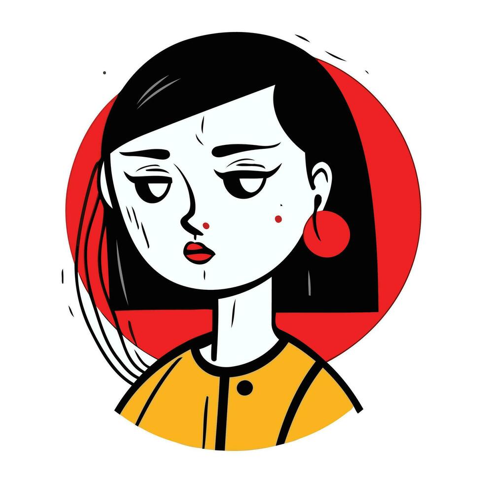 vector ilustración de un joven mujer con rojo y negro pelo y rojo labios.