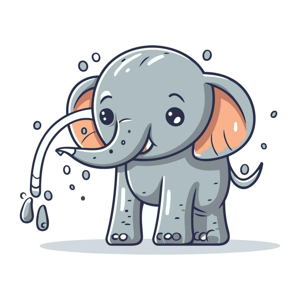 Cute little elephant with drops of water. Vector cartoon illustration.