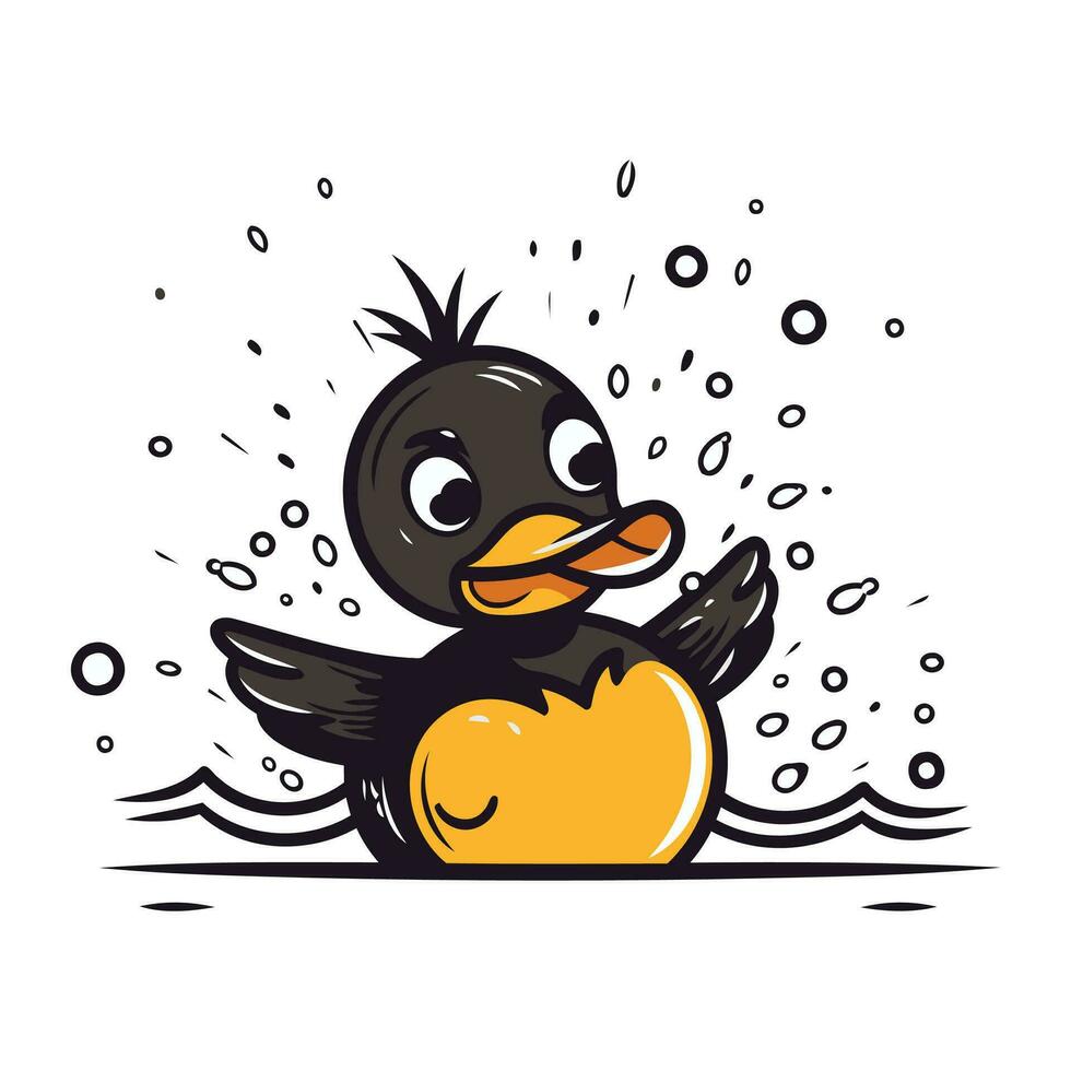 Cute cartoon penguin with yellow rubber duck. Vector illustration.