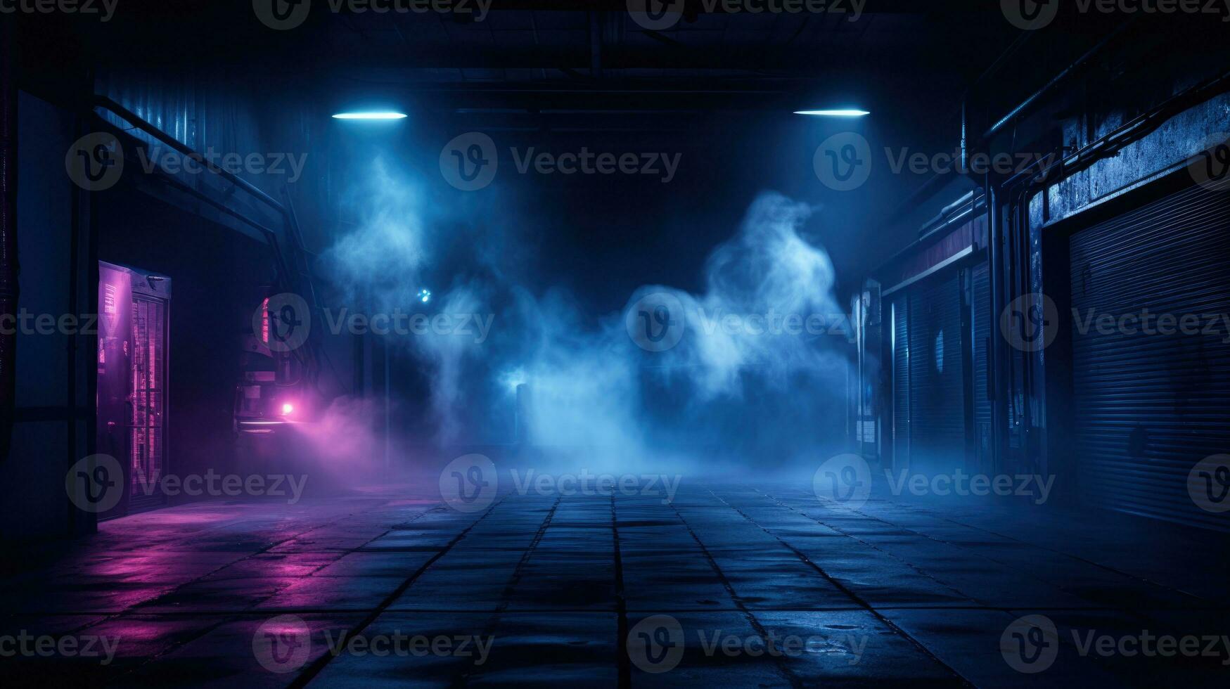 Empty street for presentation product. Neon Light, Fog with copy space. AI generative photo