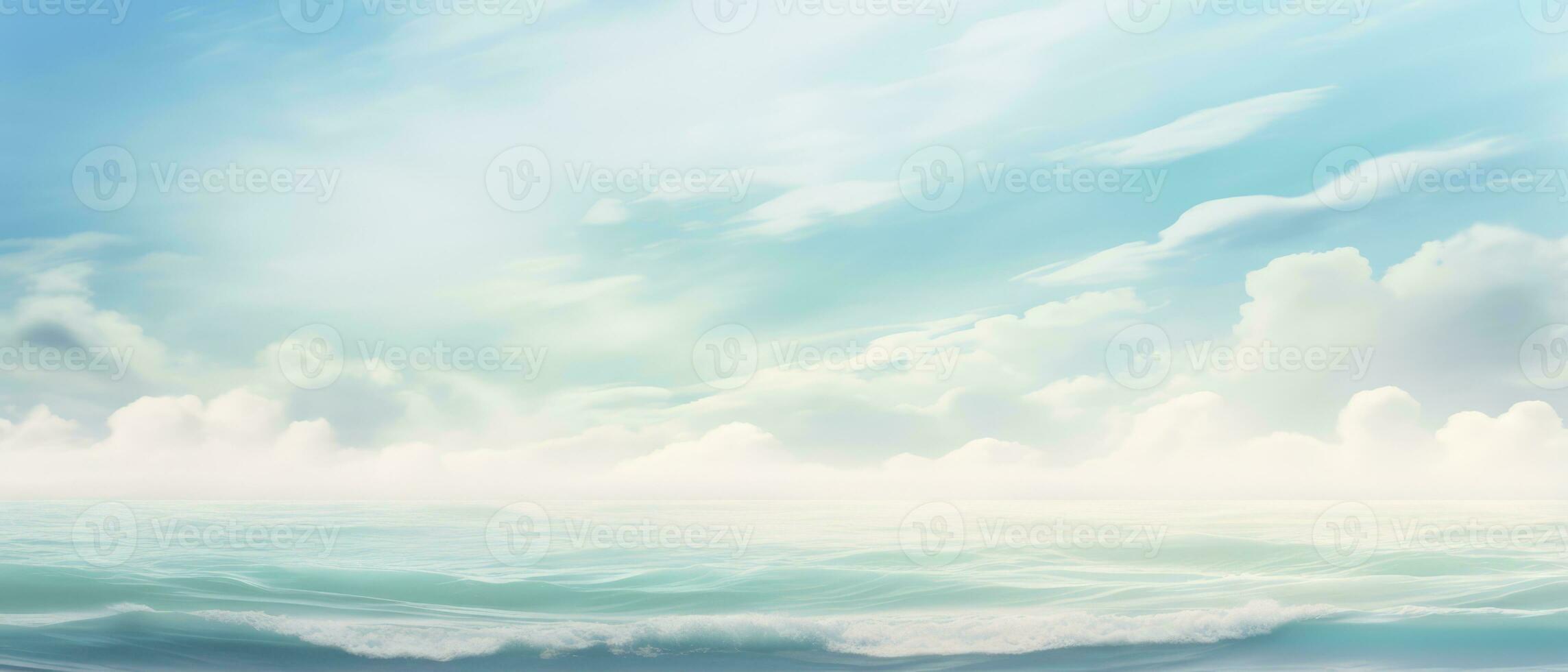 A digital painting of a seascape with a calm sea and small waves under a blue sky with white clouds. AI generative photo