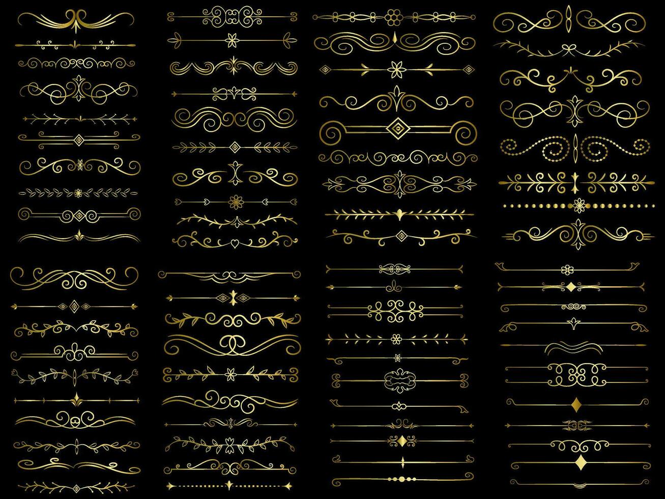 Golden color page Divider And Design Elements. Set of Various Simple Black Divider Design, Assorted Divider Collection Template Vector. Collection of floral dividers elements mega decoration vector