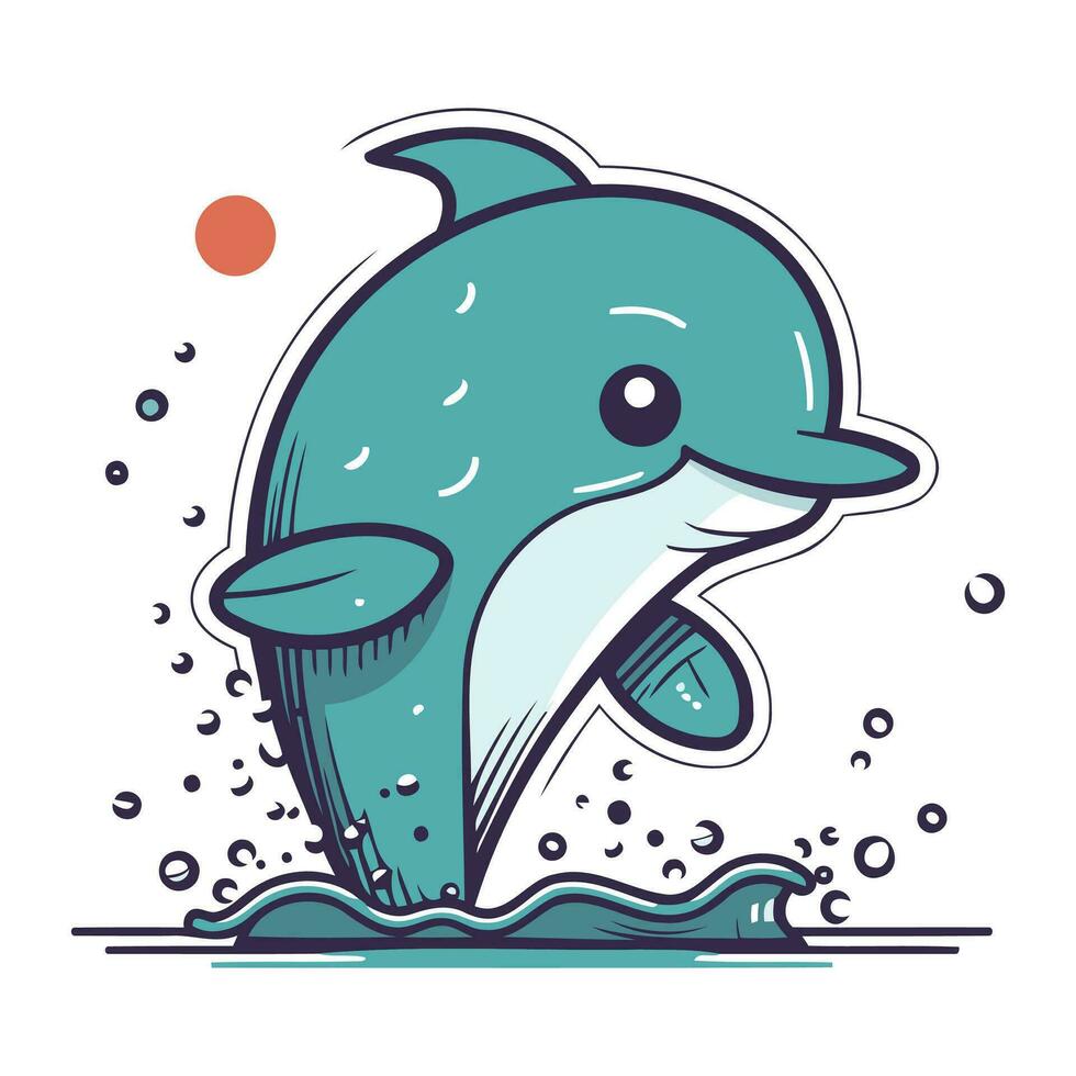 Cute cartoon dolphin jumping out of the water. Vector illustration.