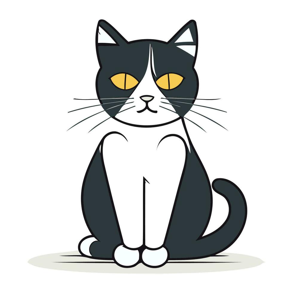 Cute cartoon black and white cat sitting on white background. Vector illustration.