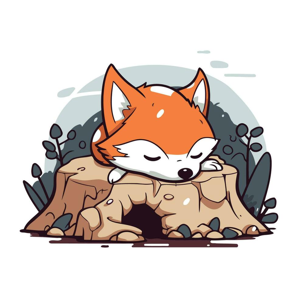 Cute cartoon fox sleeping on a stump in the forest. Vector illustration.