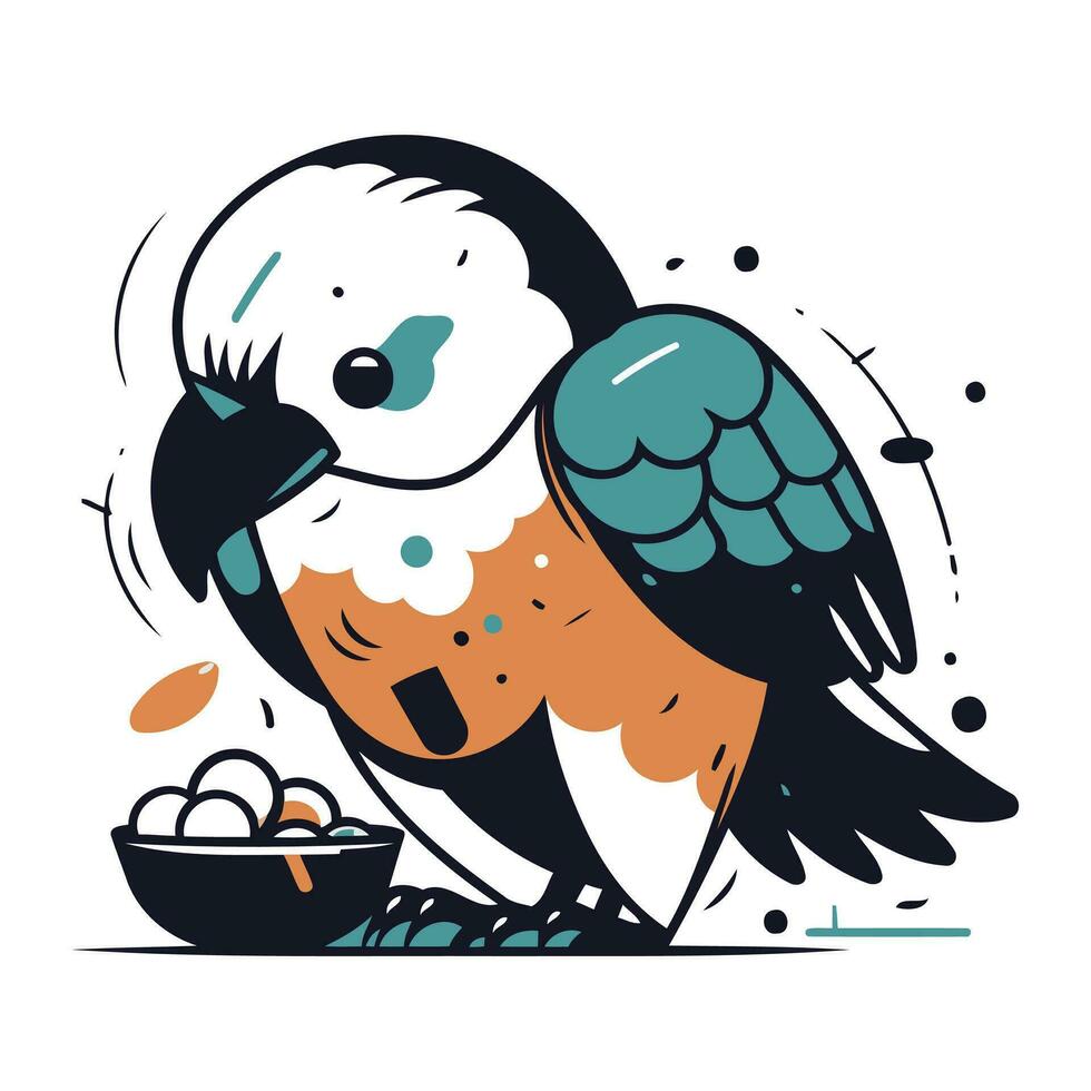 Vector illustration of a bird with a bowl of cereal in his hand.