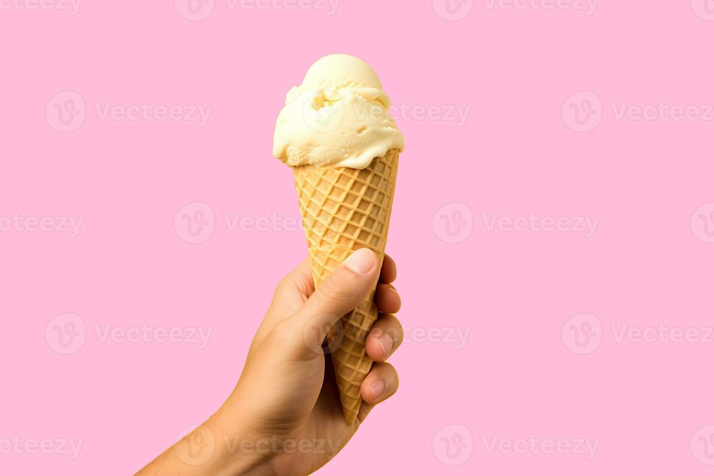Male hand holding vanilla ice cream in waffle cone on pink background. High quality photo for design an advertising, banner, website. AI Generative