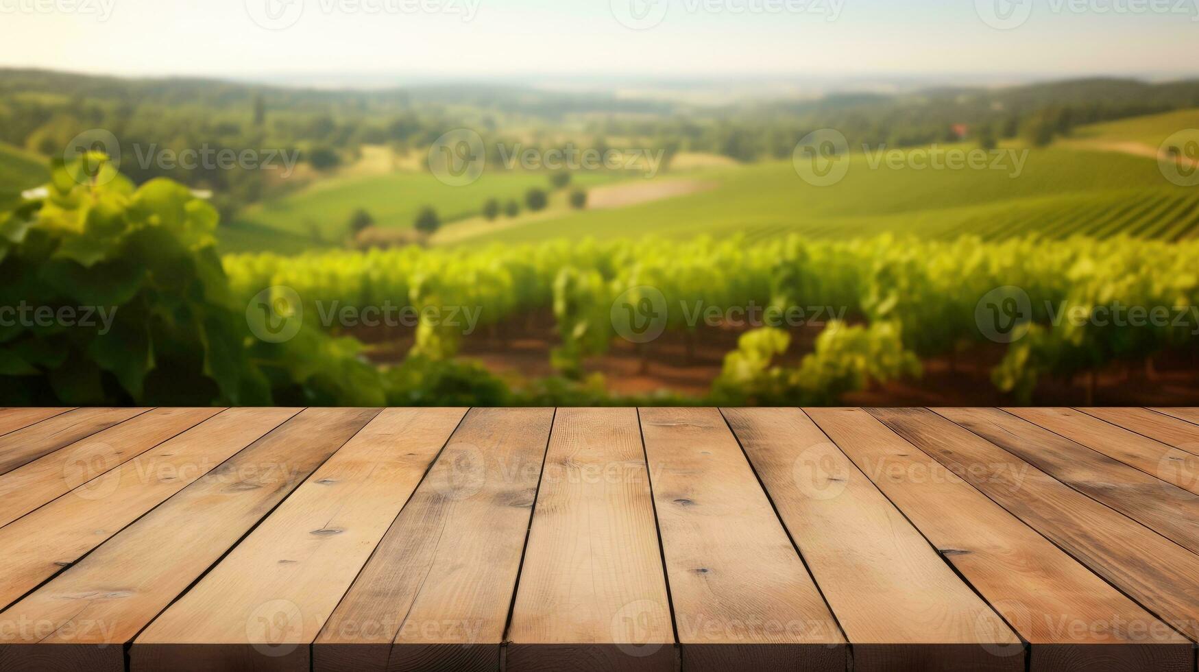 Empty wooden table product display blurred vineyard background AI Generative photo