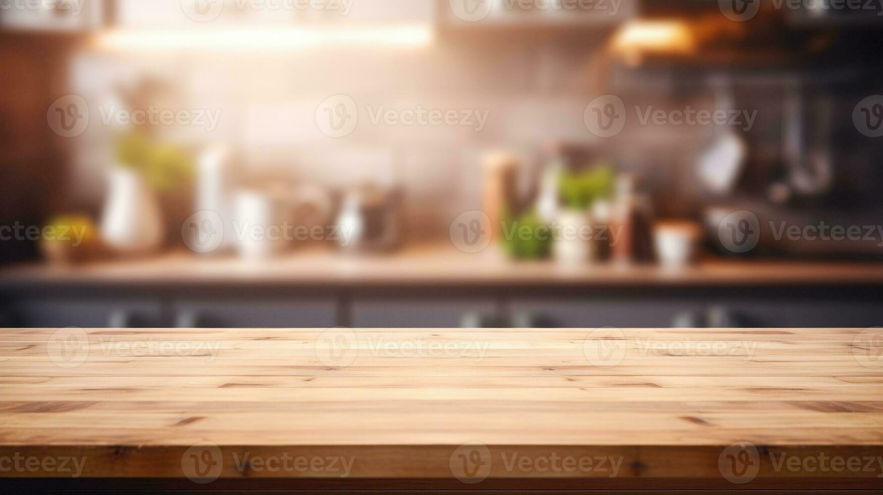 Empty wooden table product display blurred kitchen background AI Generative photo