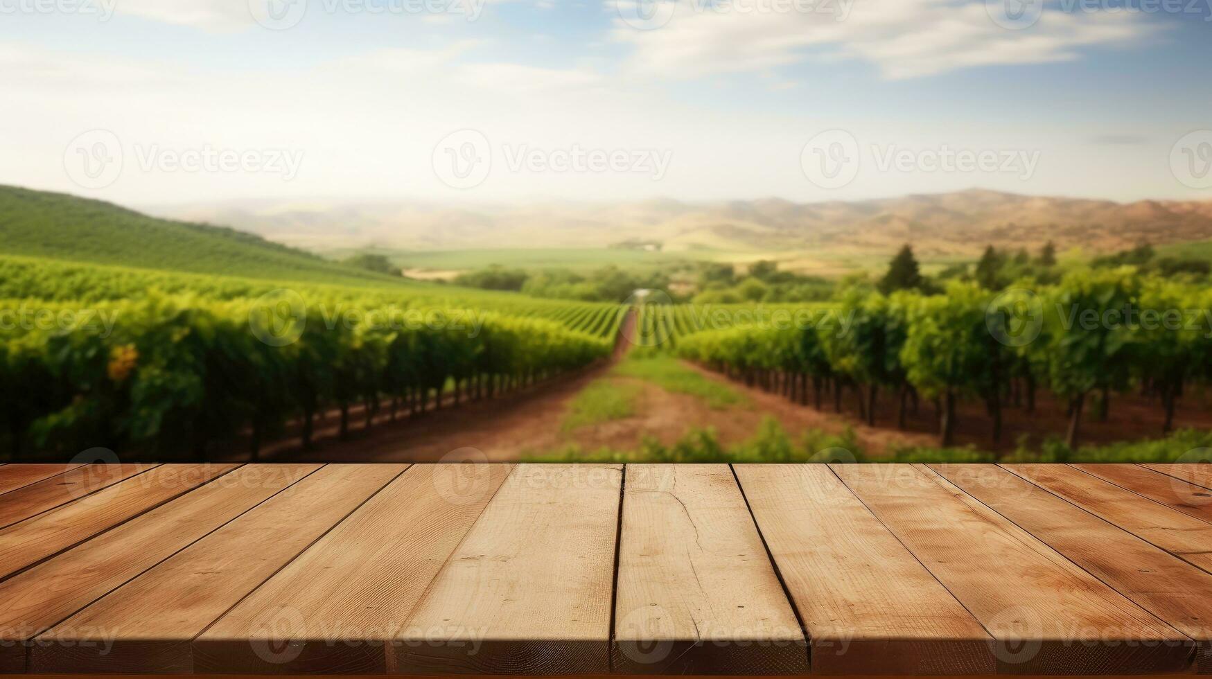 Empty wooden table product display blurred vineyard background AI Generative photo